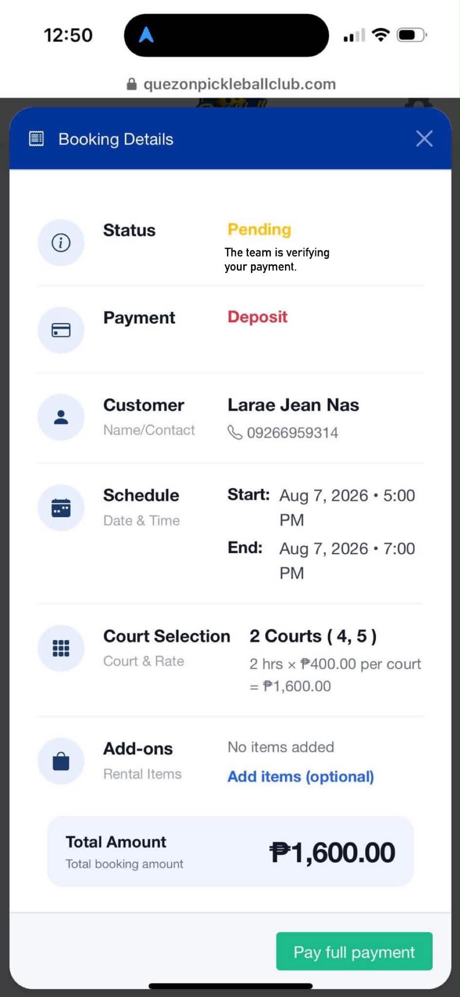 Quezon Pickleball Club Reservation System interface